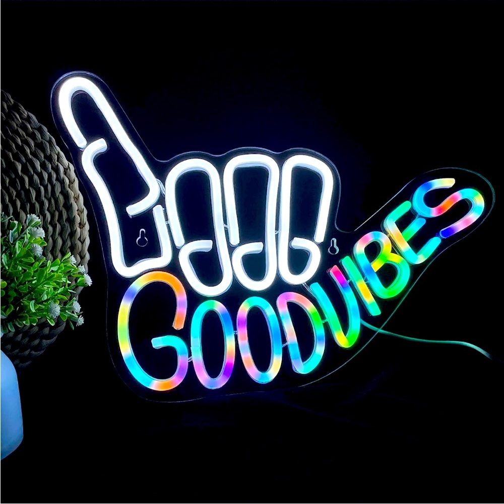 Neon Sign Good Vibes Rainbow Hippie Retro 90's Party Birthday Room Light Decor